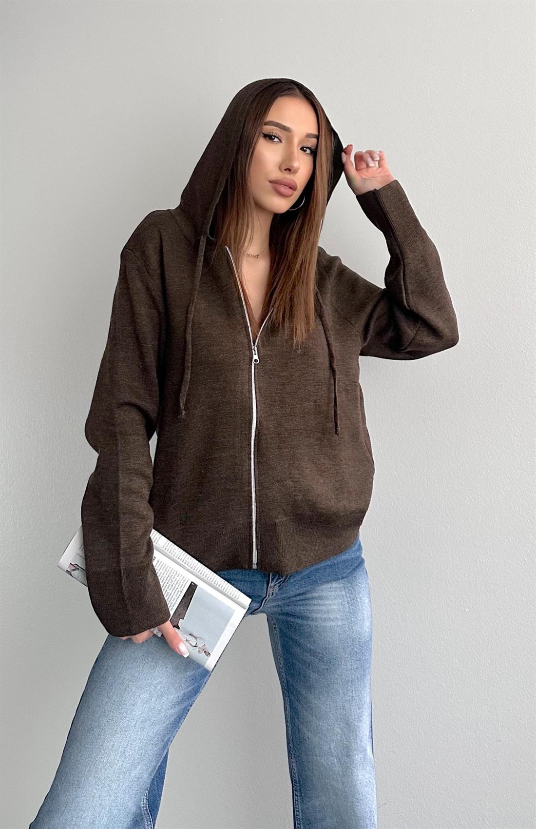 Fermuarlı Triko Hırka KAHVERENGİ