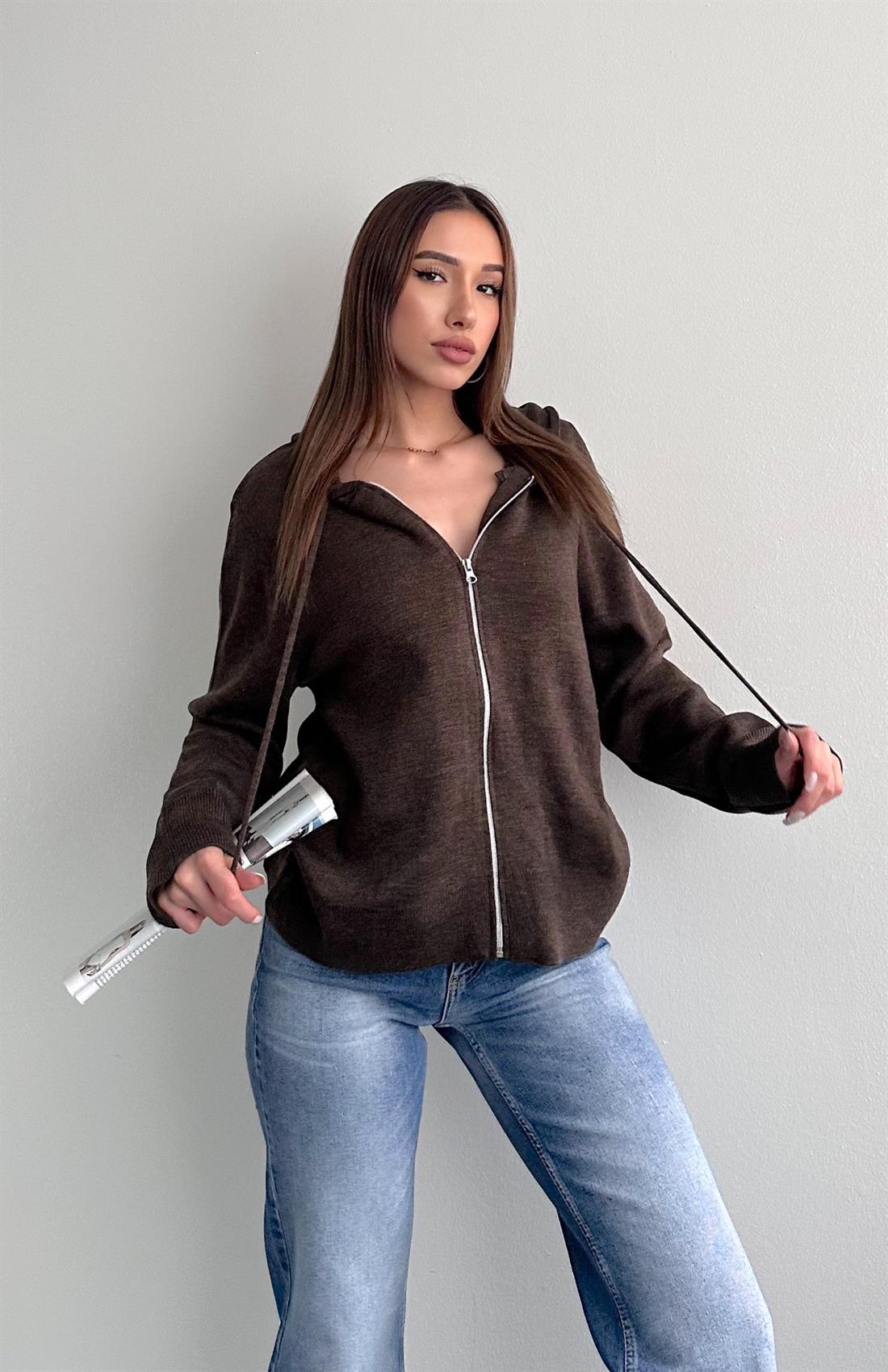 Fermuarlı Triko Hırka KAHVERENGİ