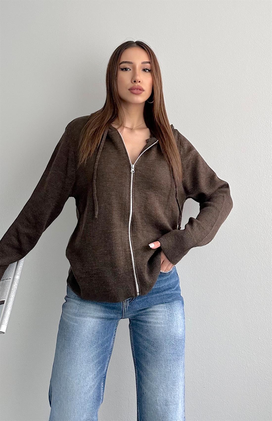 Fermuarlı Triko Hırka KAHVERENGİ