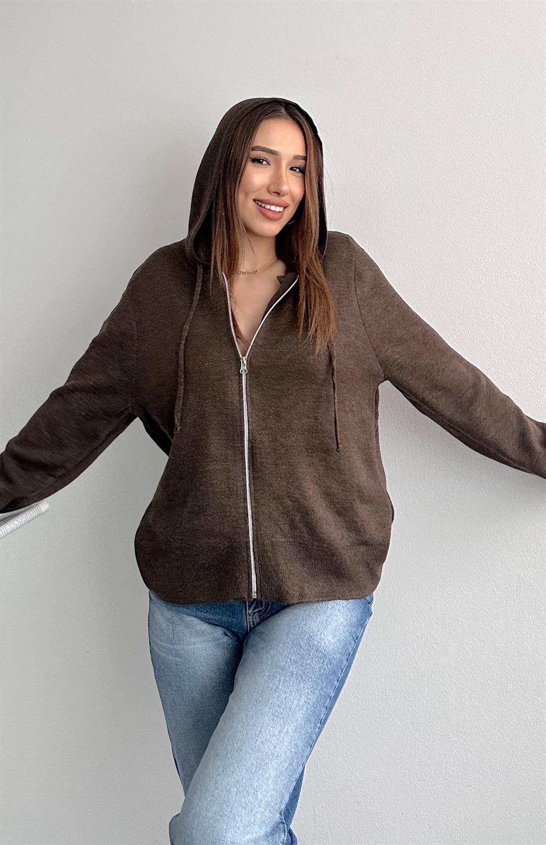 Fermuarlı Triko Hırka KAHVERENGİ