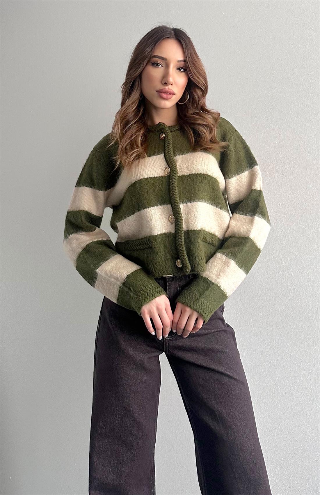 Fırça Şardonlu Crop Hırka HAKİ