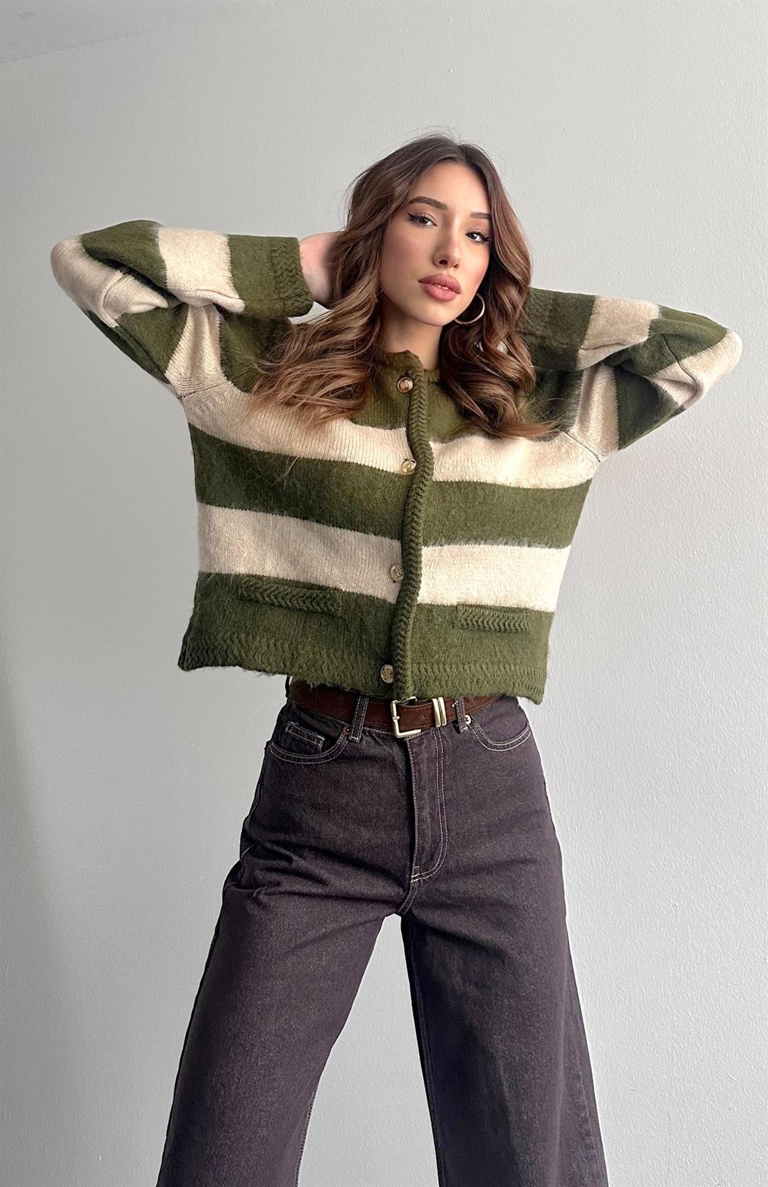 Fırça Şardonlu Crop Hırka HAKİ