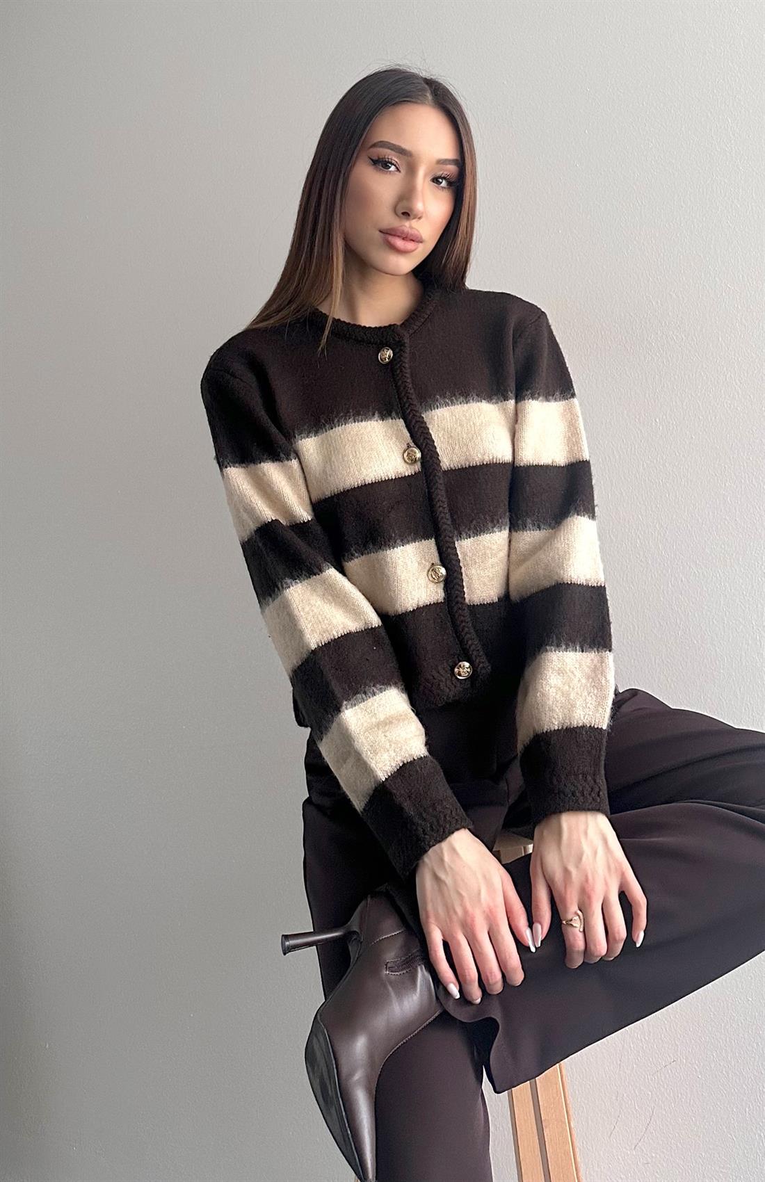 Fırça Şardonlu Crop Hırka KAHVERENGİ