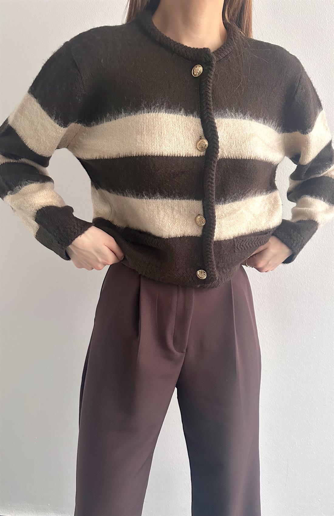 Fırça Şardonlu Crop Hırka KAHVERENGİ