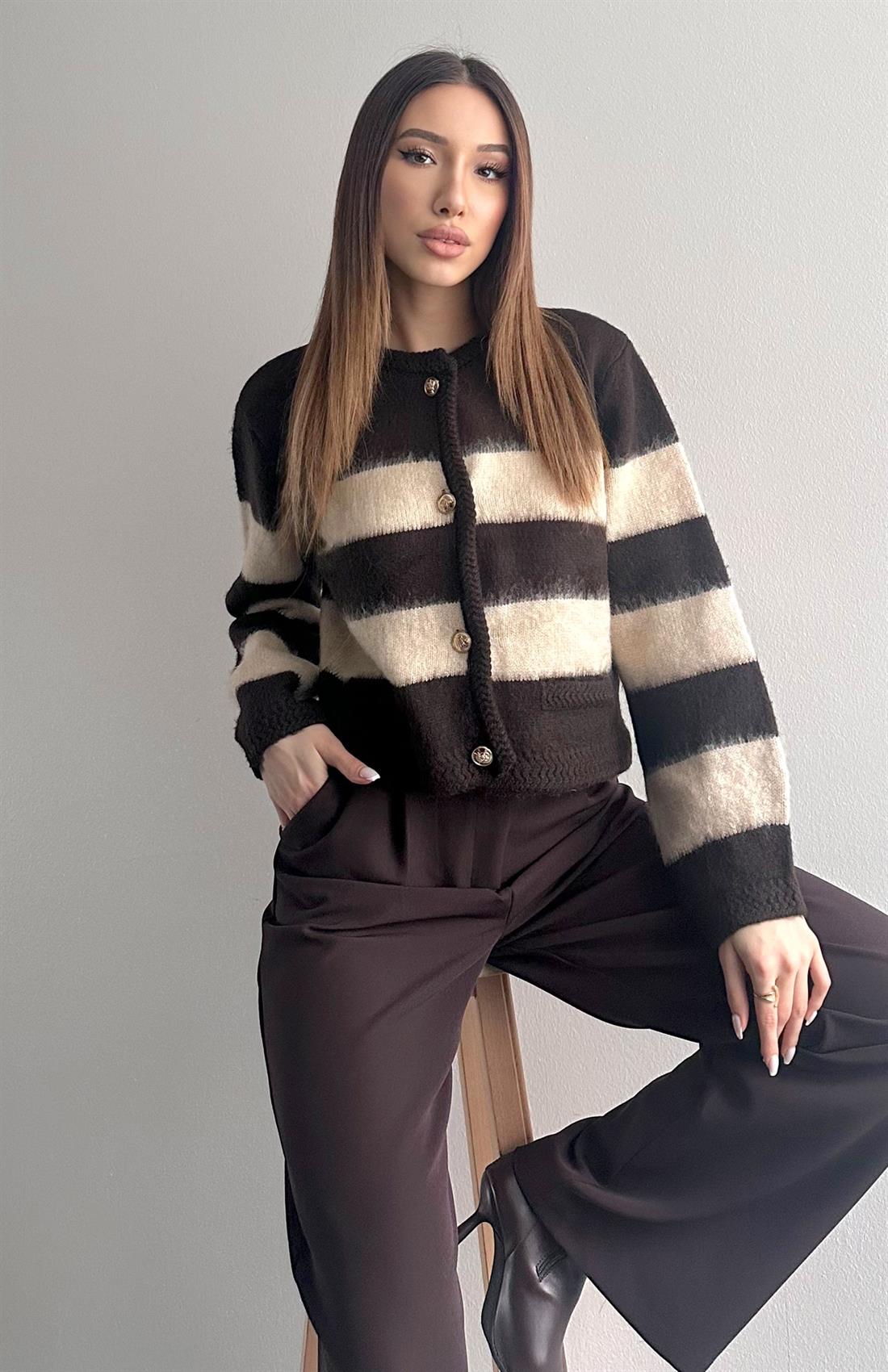 Fırça Şardonlu Crop Hırka KAHVERENGİ