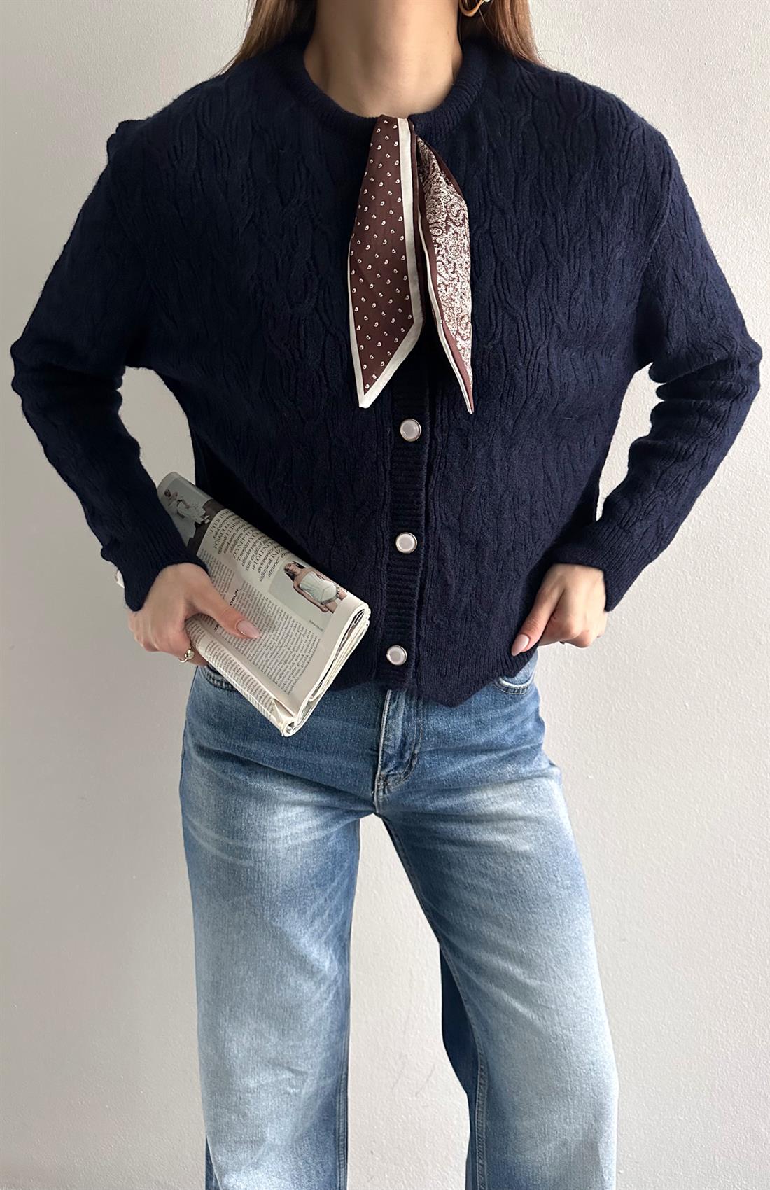 Fuarlı Düz Hırka LACİVERT