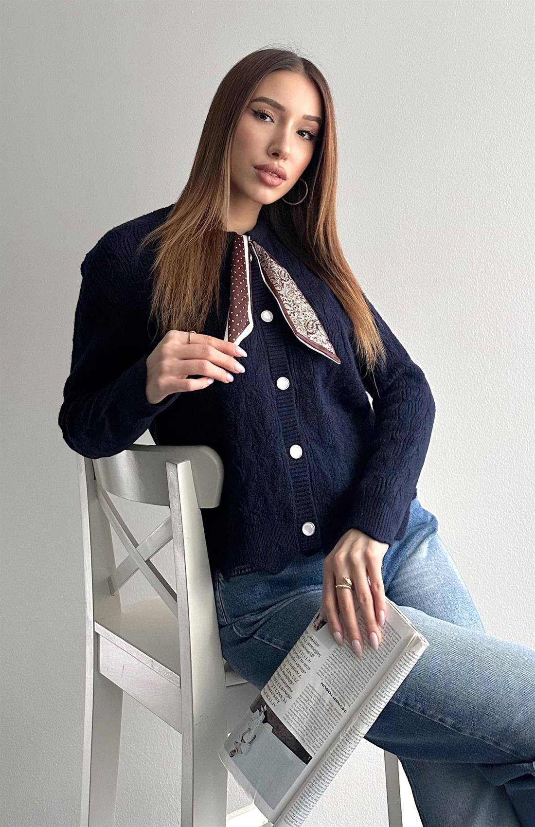 Fuarlı Düz Hırka LACİVERT