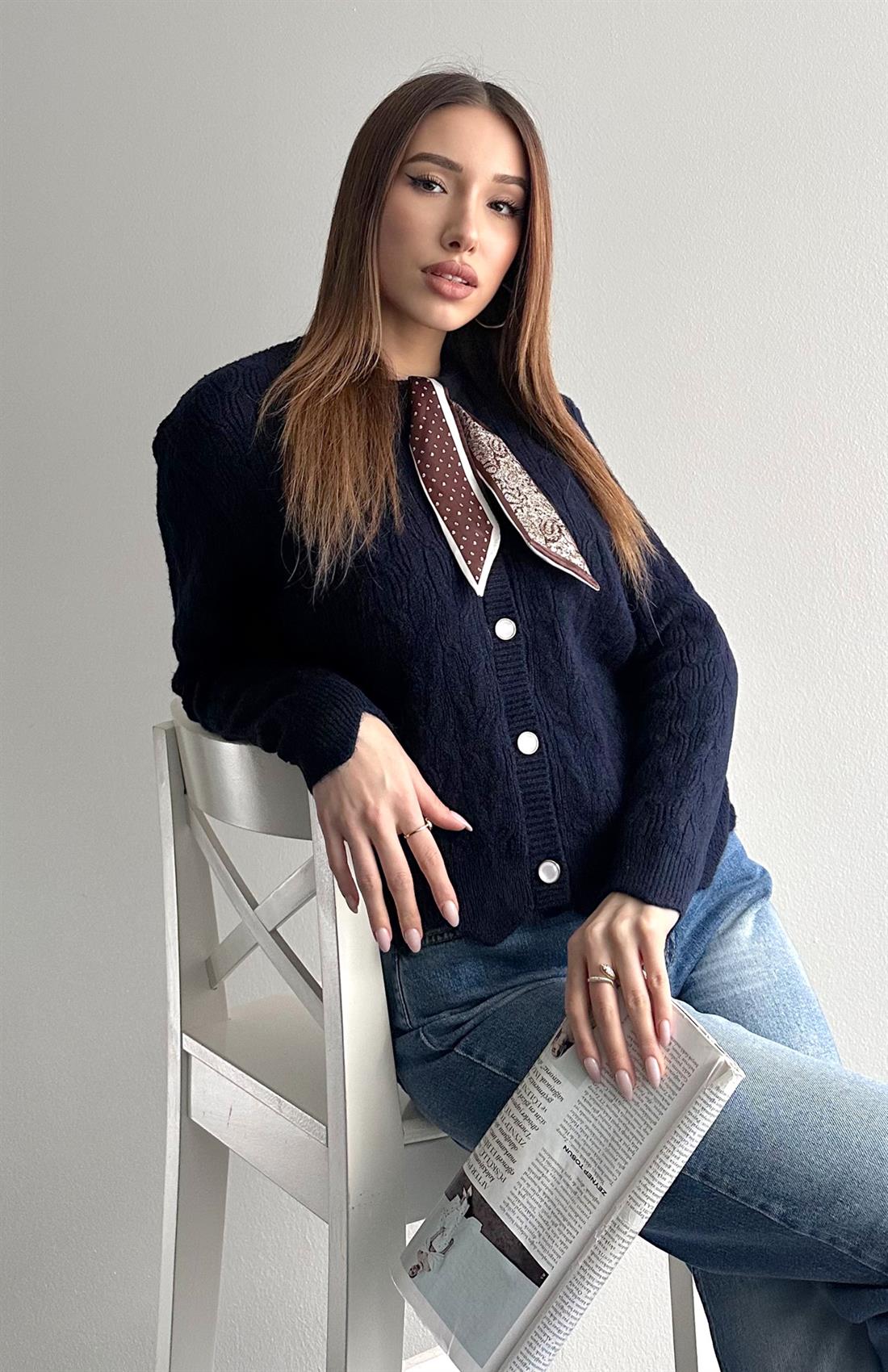 Fuarlı Düz Hırka LACİVERT