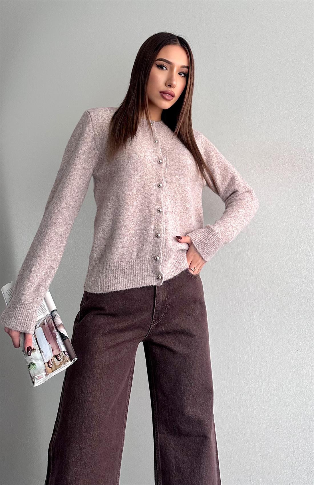 İnci Düğmeli Hırka VİZON