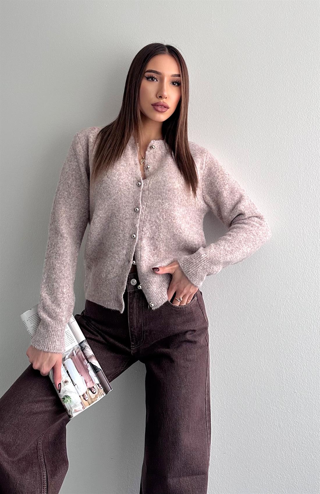 İnci Düğmeli Hırka VİZON