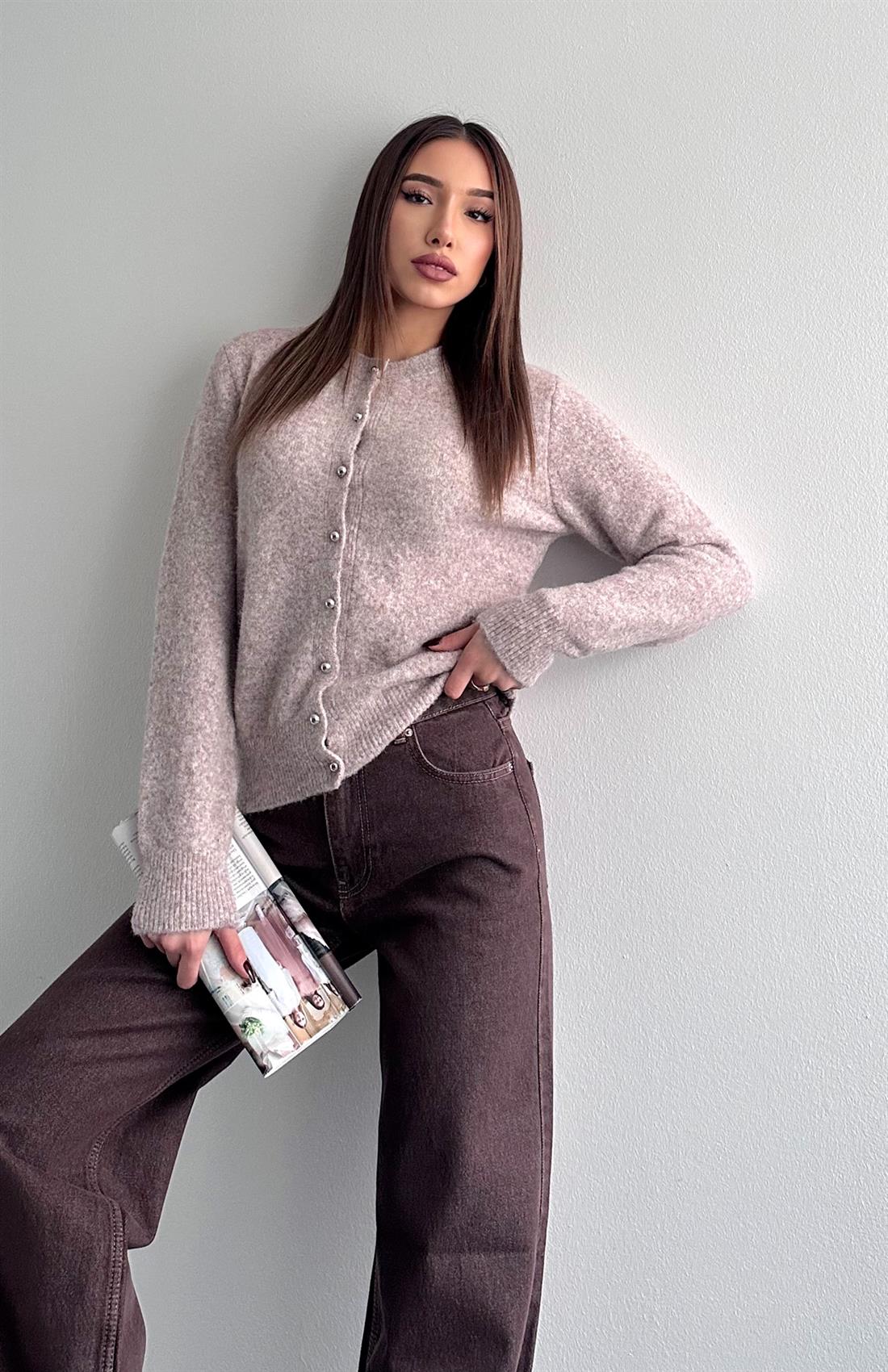 İnci Düğmeli Hırka VİZON