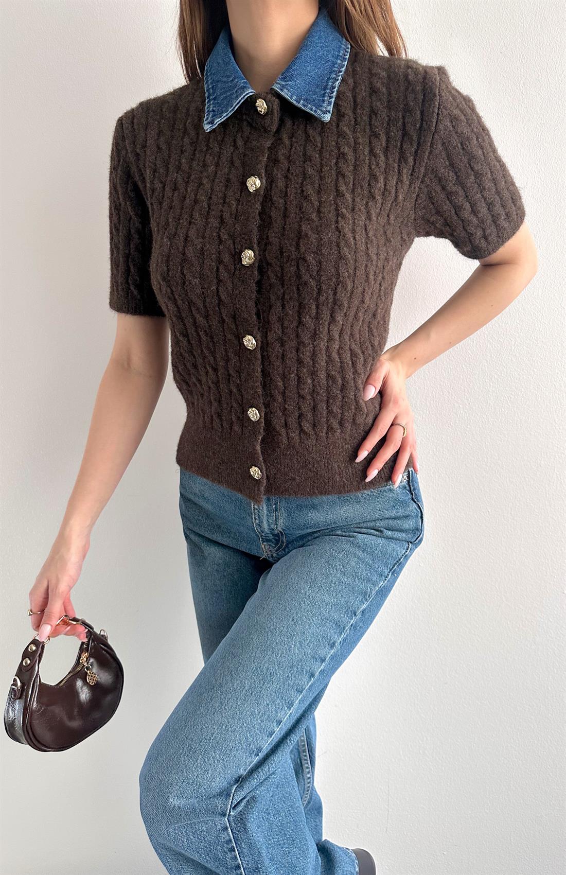 Jean Yakalı Yün Karışimlı Triko Hırka KAHVERENGİ