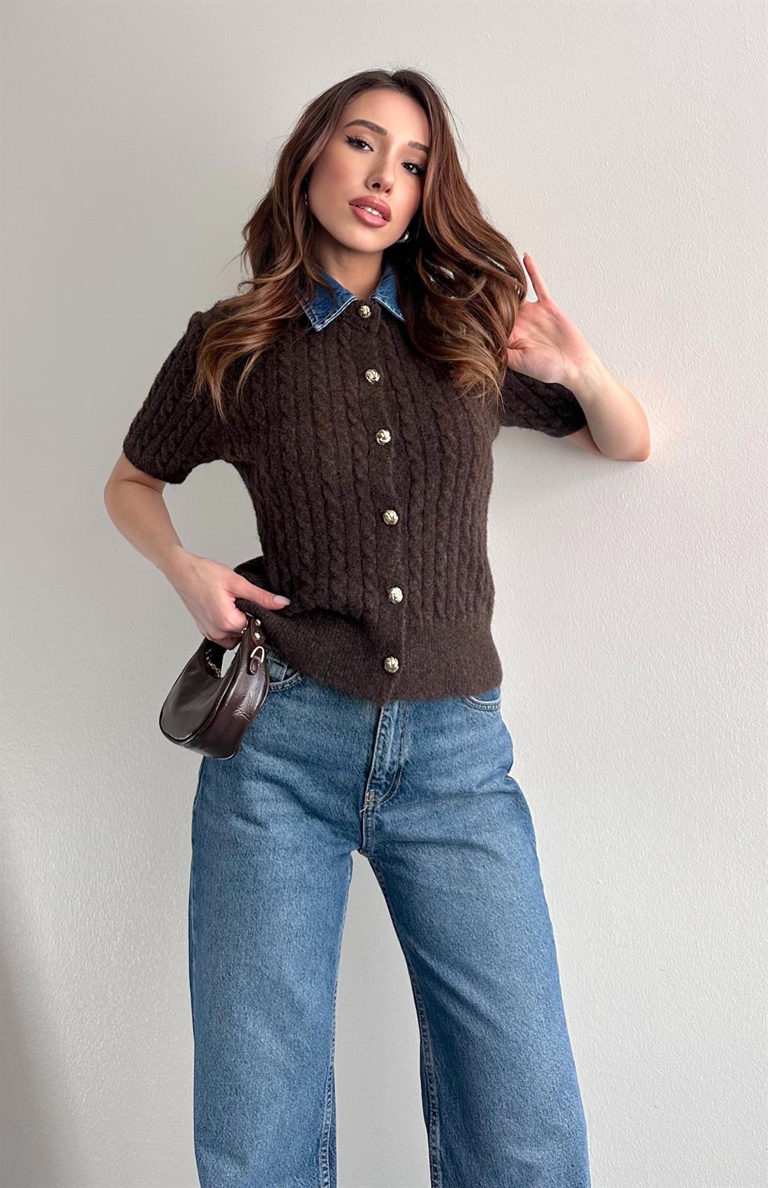 Jean Yakalı Yün Karışimlı Triko Hırka KAHVERENGİ