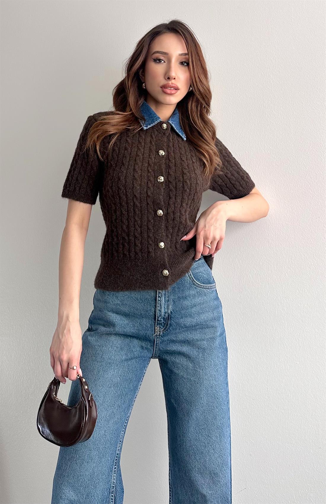 Jean Yakalı Yün Karışimlı Triko Hırka KAHVERENGİ