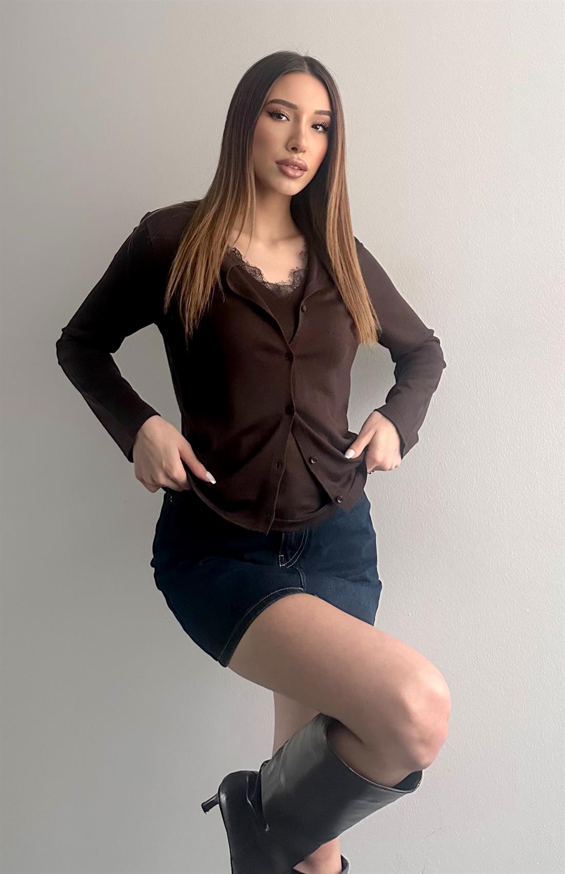 Kombine Dantel Hırka KAHVERENGİ