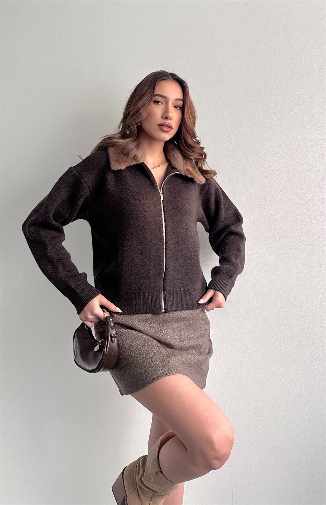 M.S Peluş Yaka Triko Hırka KAHVERENGİ