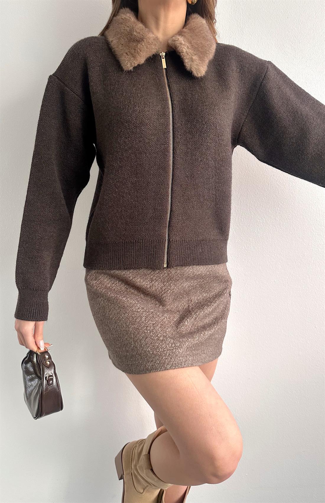 M.S Peluş Yaka Triko Hırka KAHVERENGİ