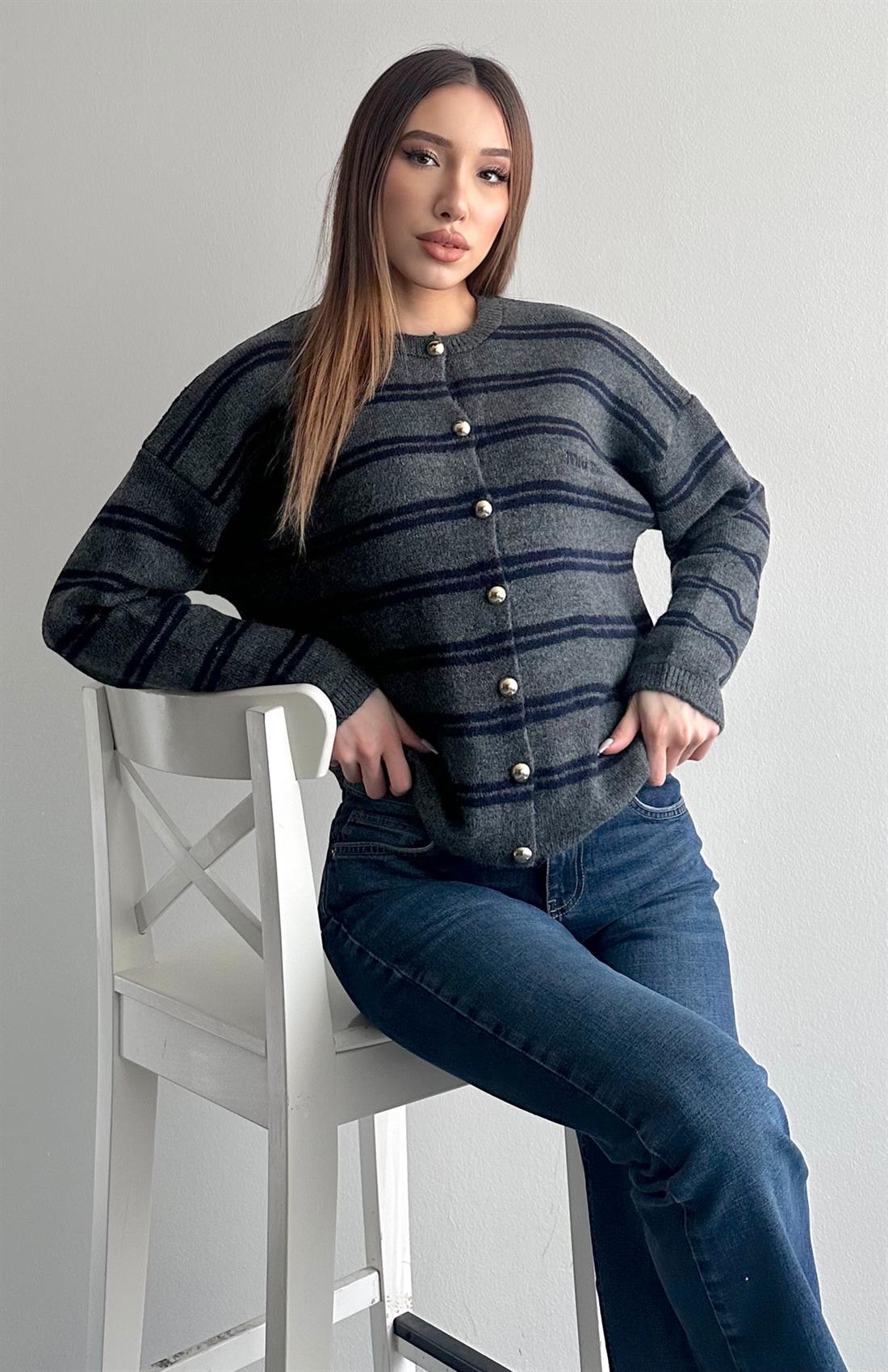 Miu Çizgili Hırka ANTRASİT