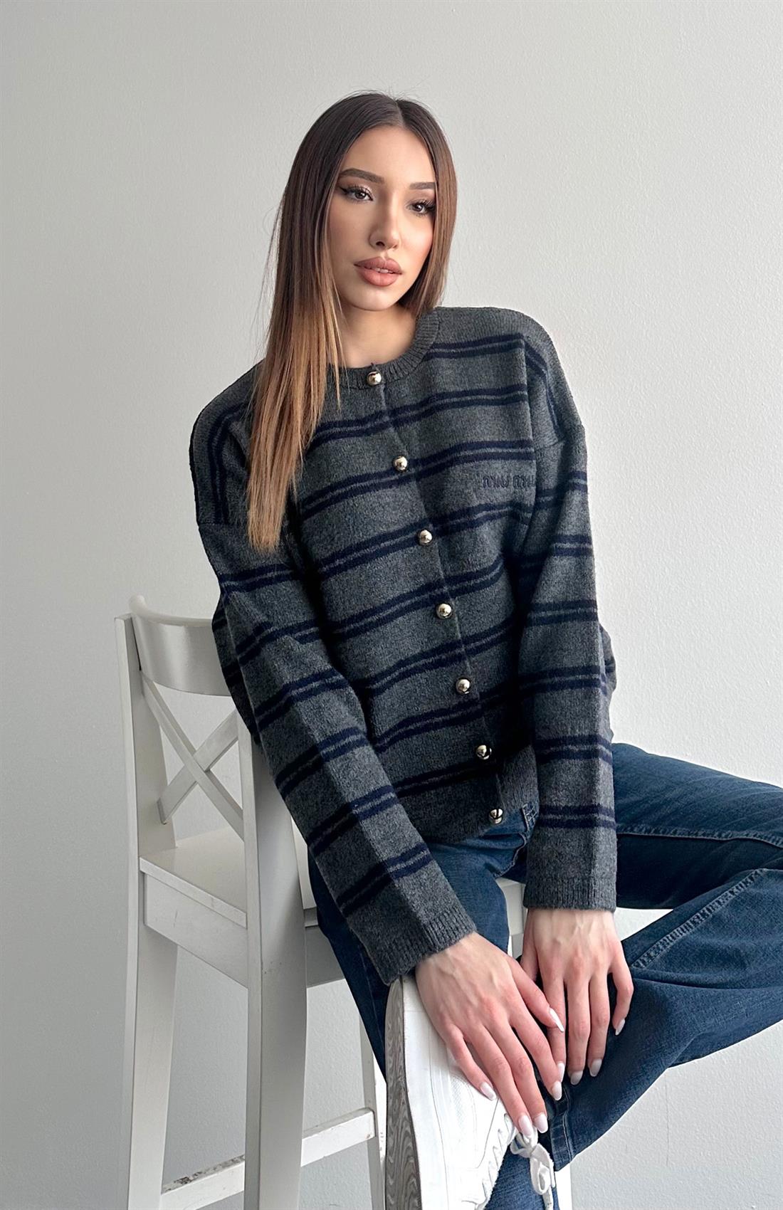 Miu Çizgili Hırka ANTRASİT