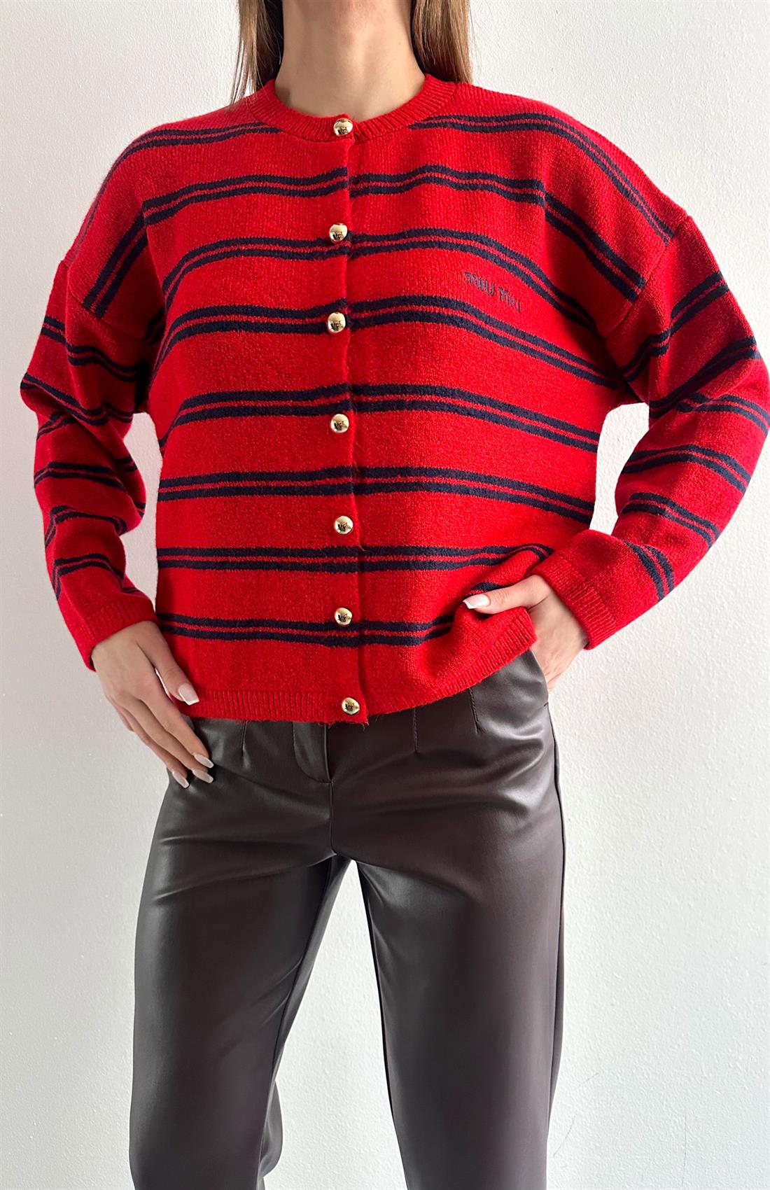 Miu Çizgili Hırka KIRMIZI