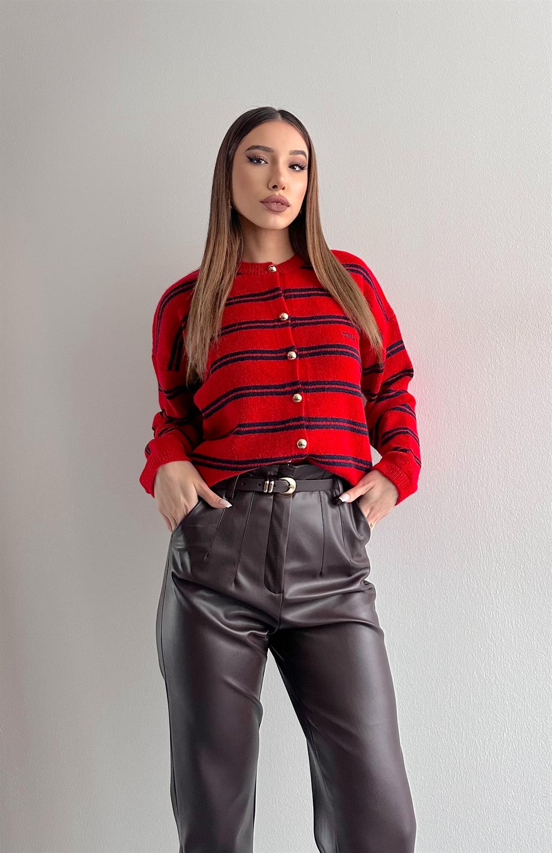 Miu Çizgili Hırka KIRMIZI