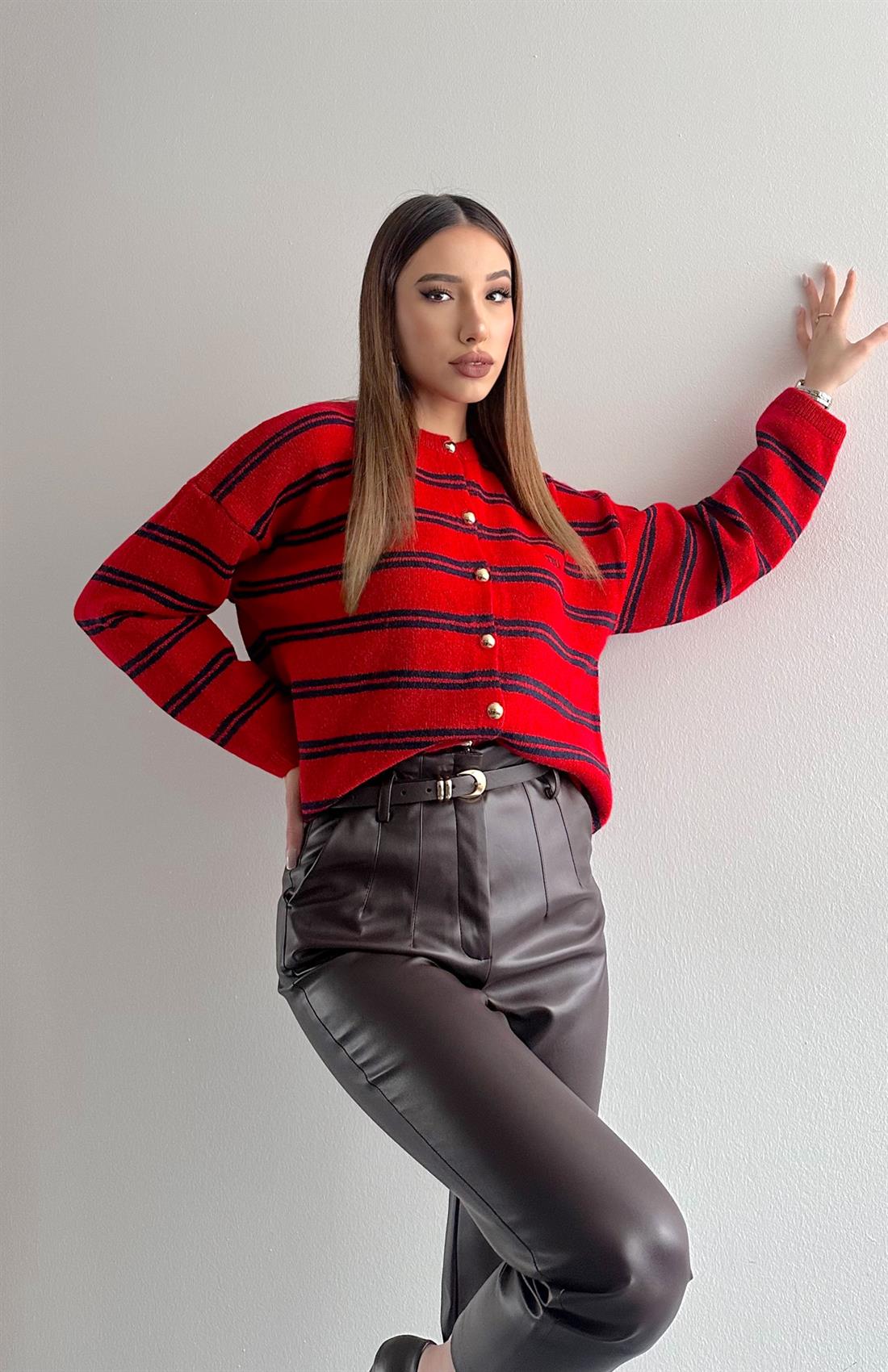 Miu Çizgili Hırka KIRMIZI