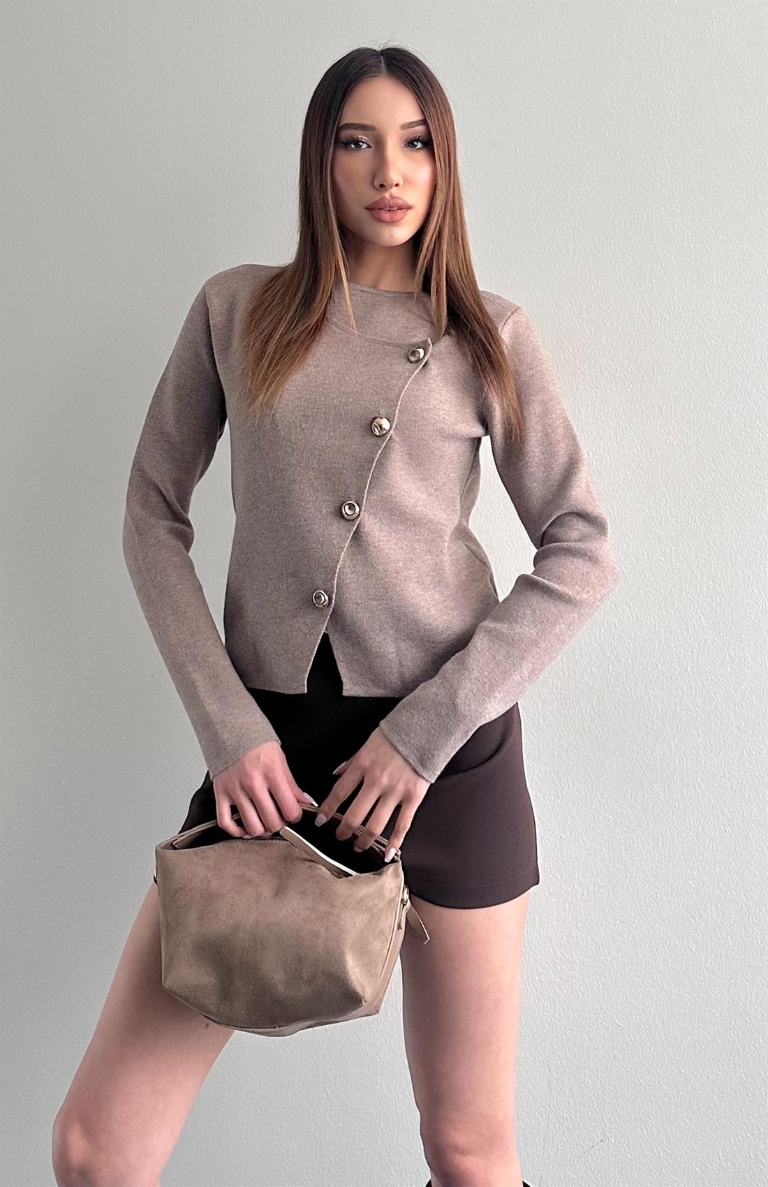 Önü Asimetrik Hırka BEJ