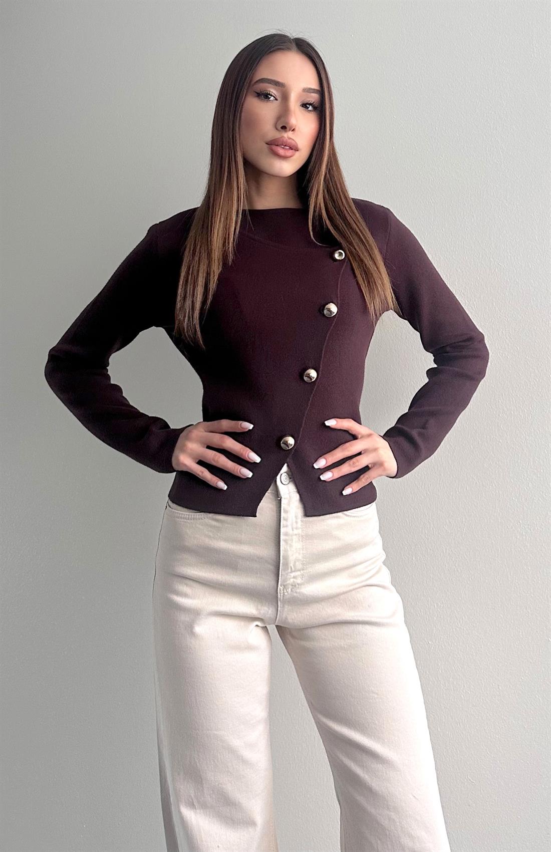 Önü Asimetrik Hırka KAHVERENGİ