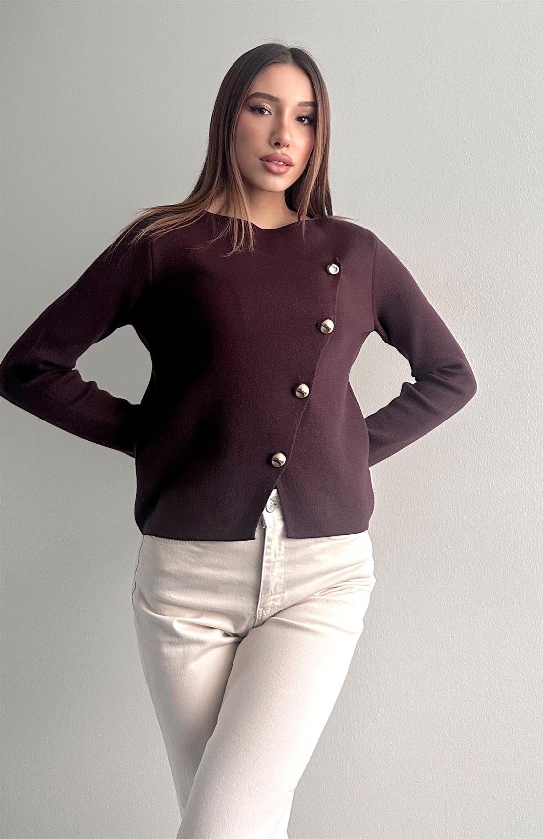 Önü Asimetrik Hırka KAHVERENGİ