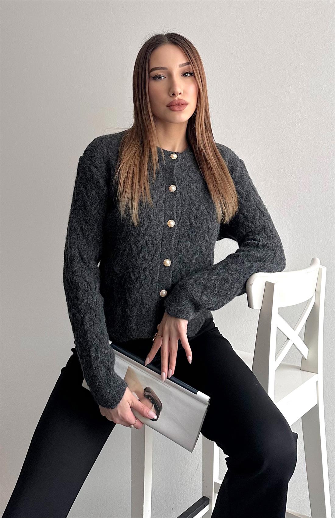 Örgülü Gold Düğmeli Lara Hırka ANTRASİT