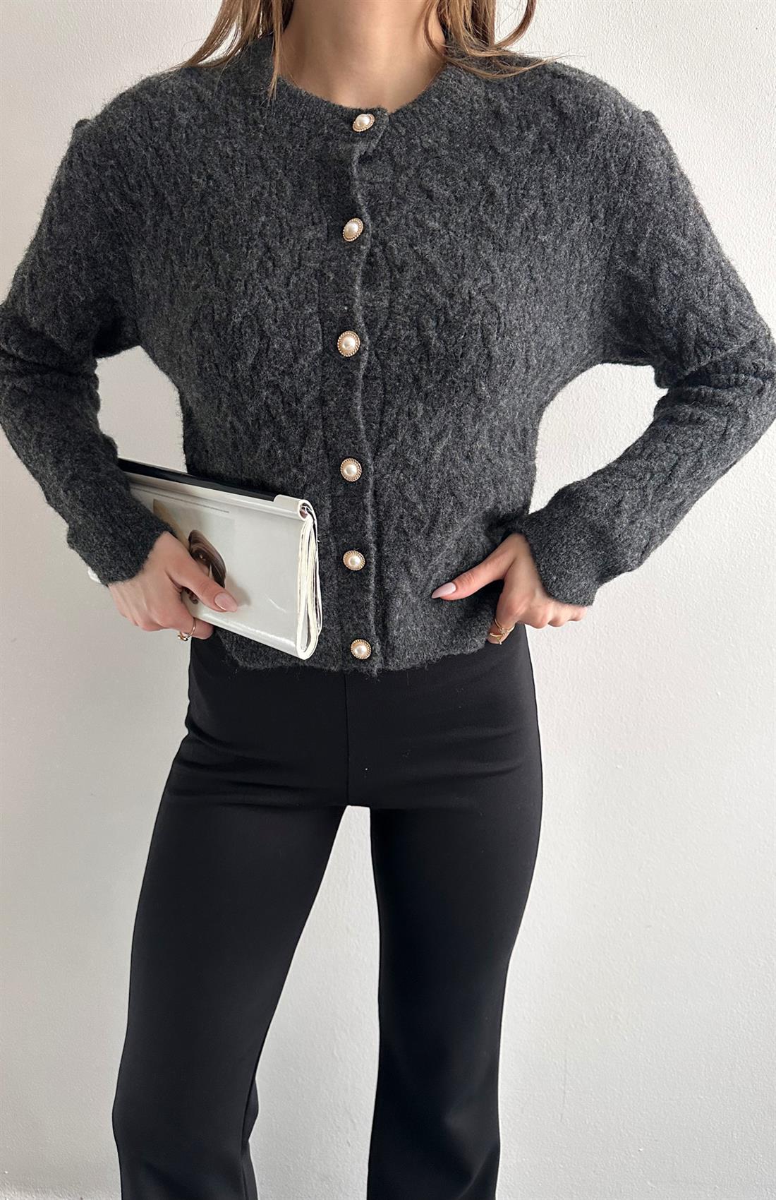 Örgülü Gold Düğmeli Lara Hırka ANTRASİT