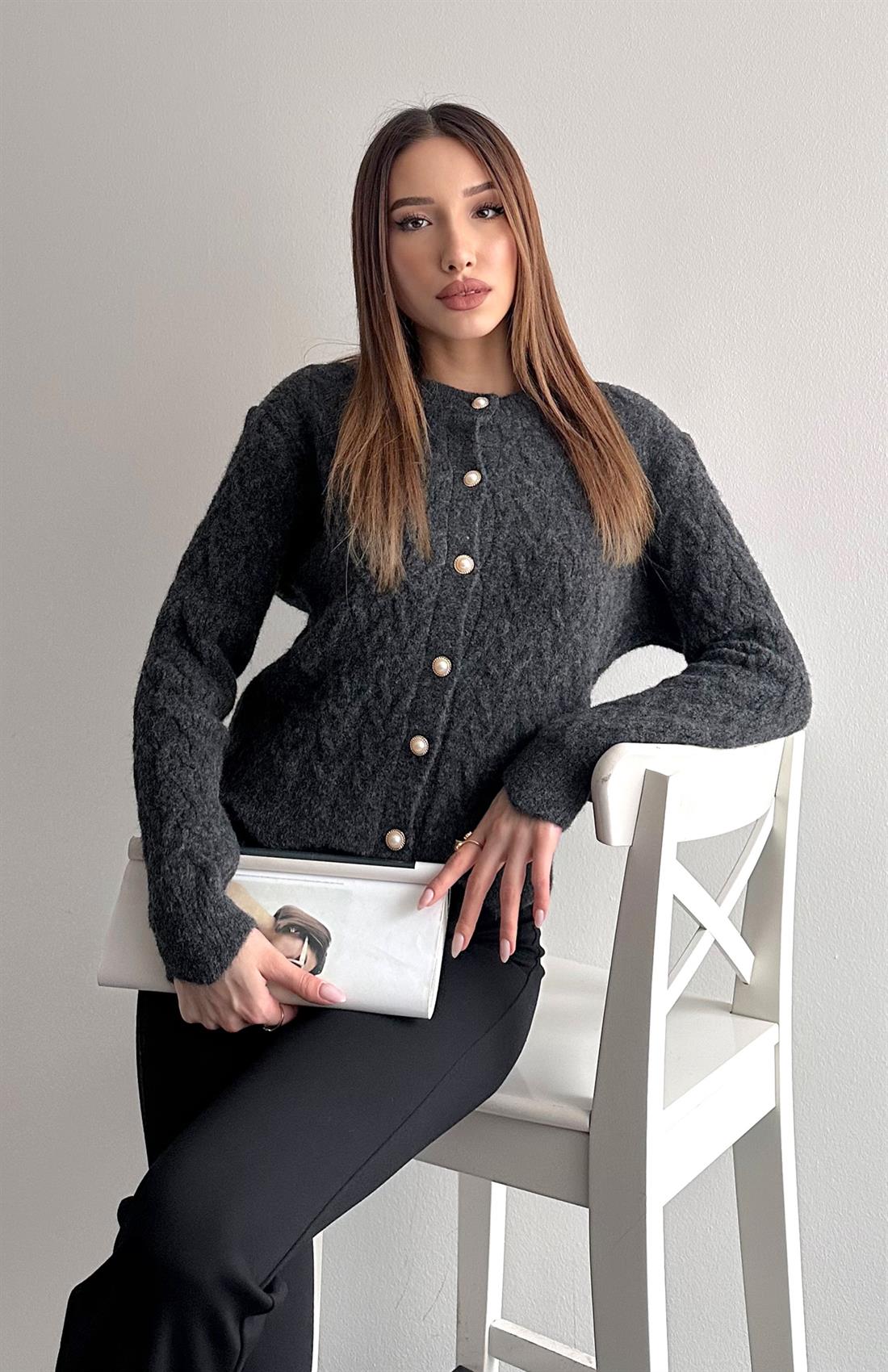 Örgülü Gold Düğmeli Lara Hırka ANTRASİT