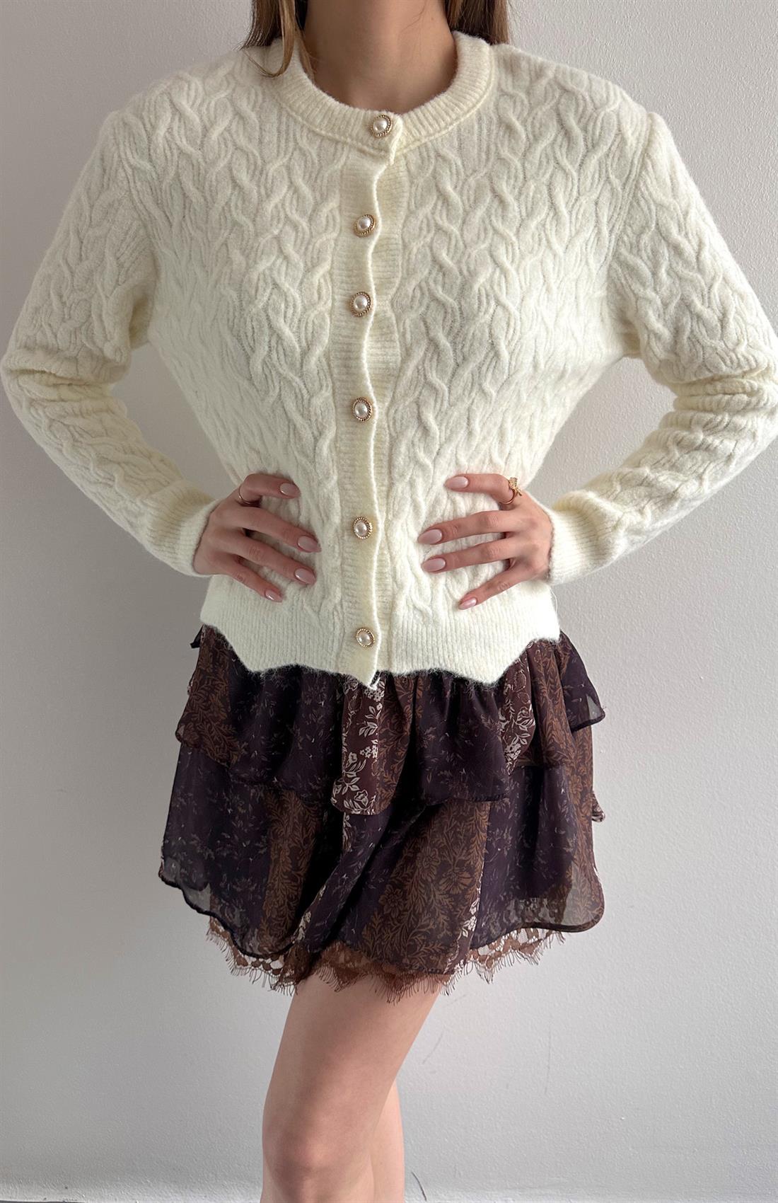 Örgülü Gold Düğmeli Lara Hırka EKRU