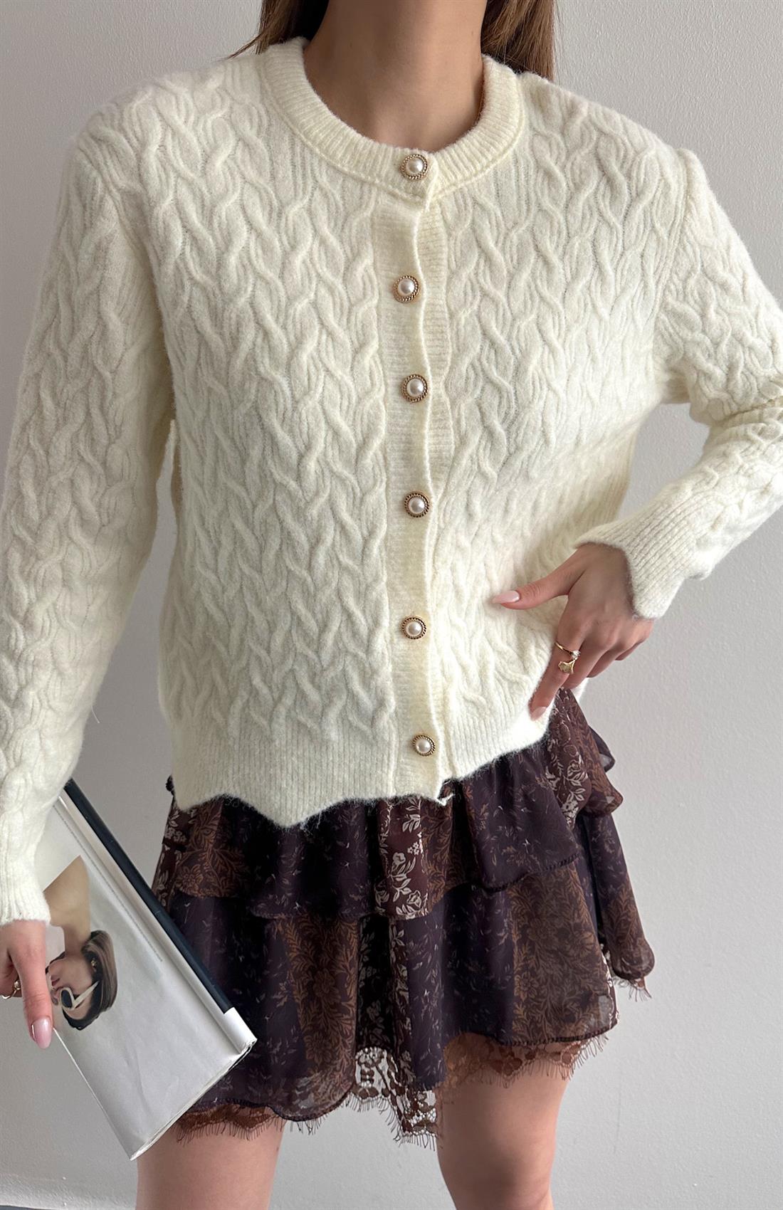 Örgülü Gold Düğmeli Lara Hırka EKRU