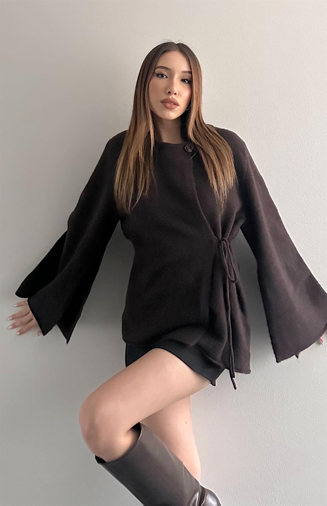 Pelerin Kesim Yün Karışım Triko KAHVERENGİ