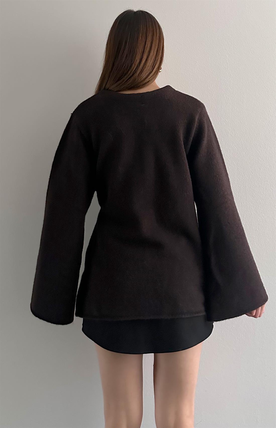 Pelerin Kesim Yün Karışım Triko KAHVERENGİ