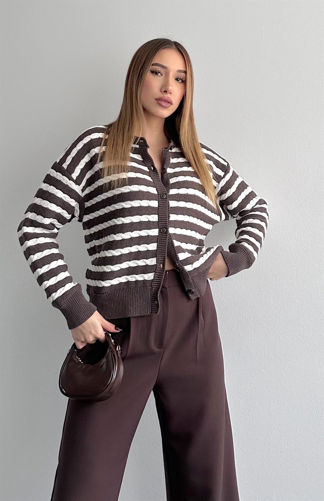 Şaç Örgülü Hırka KAHVERENGİ