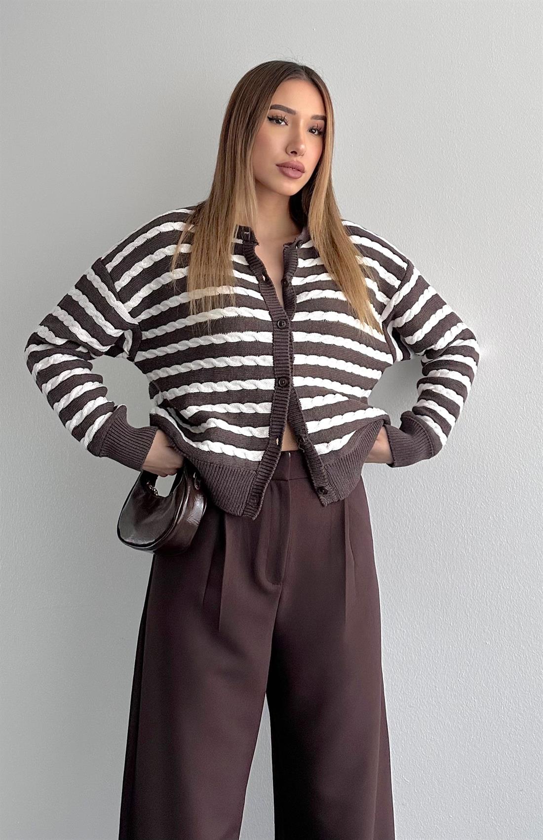 Şaç Örgülü Hırka KAHVERENGİ