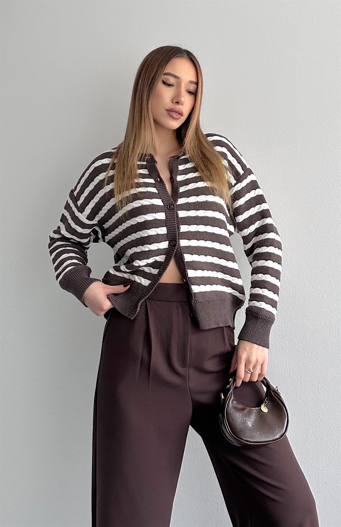 Şaç Örgülü Hırka KAHVERENGİ