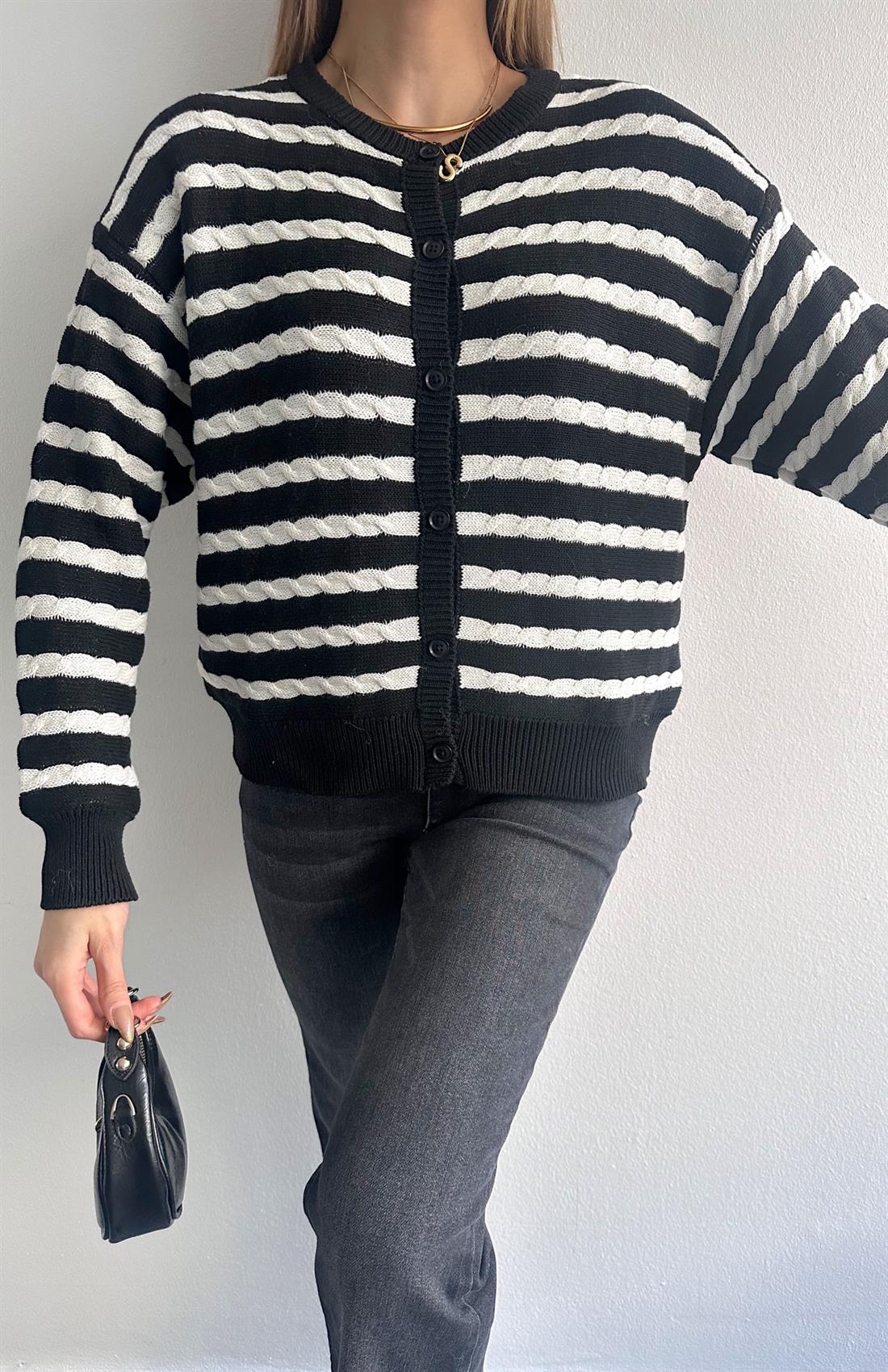 Şaç Örgülü Hırka SİYAH