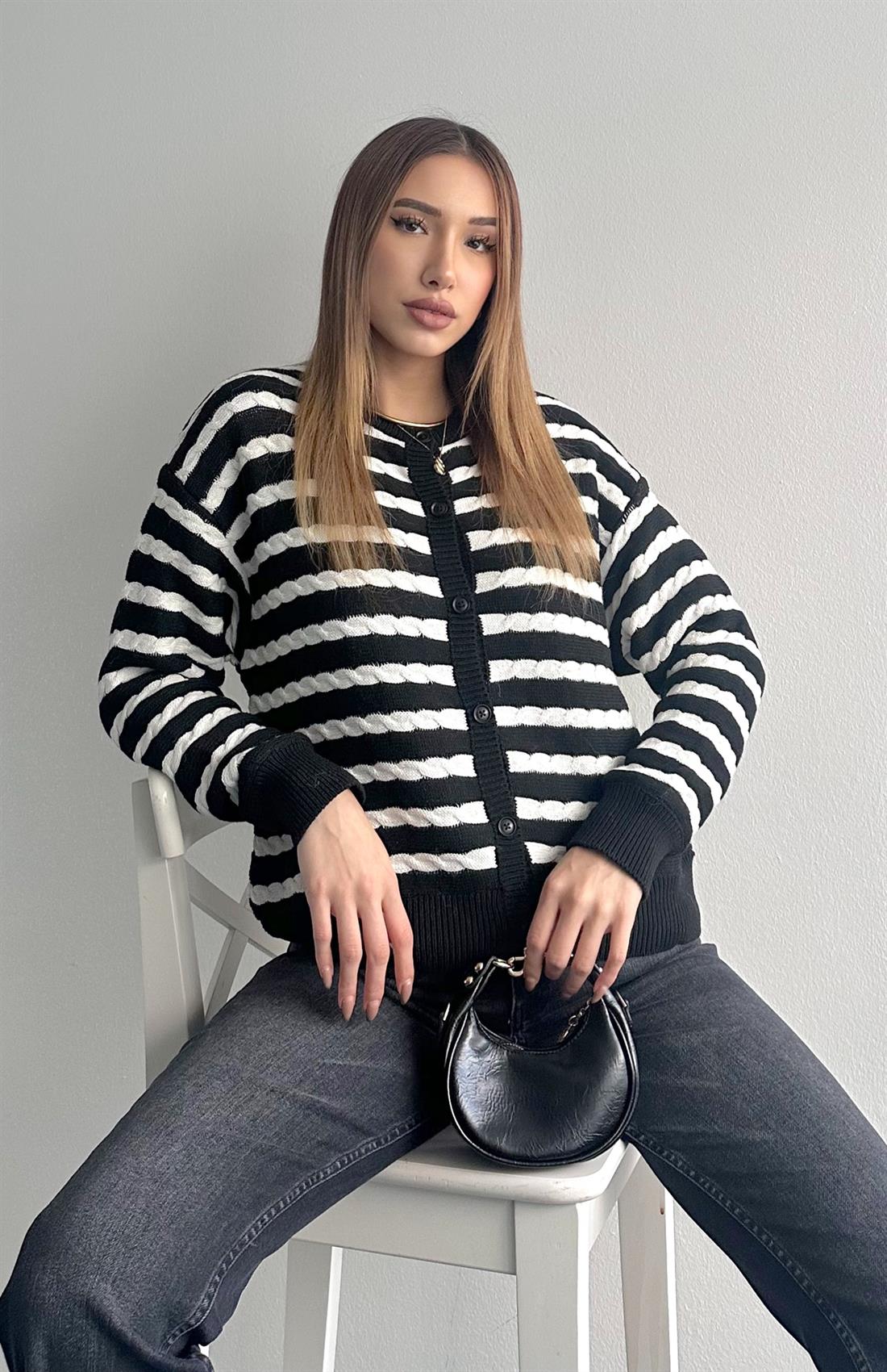 Şaç Örgülü Hırka SİYAH