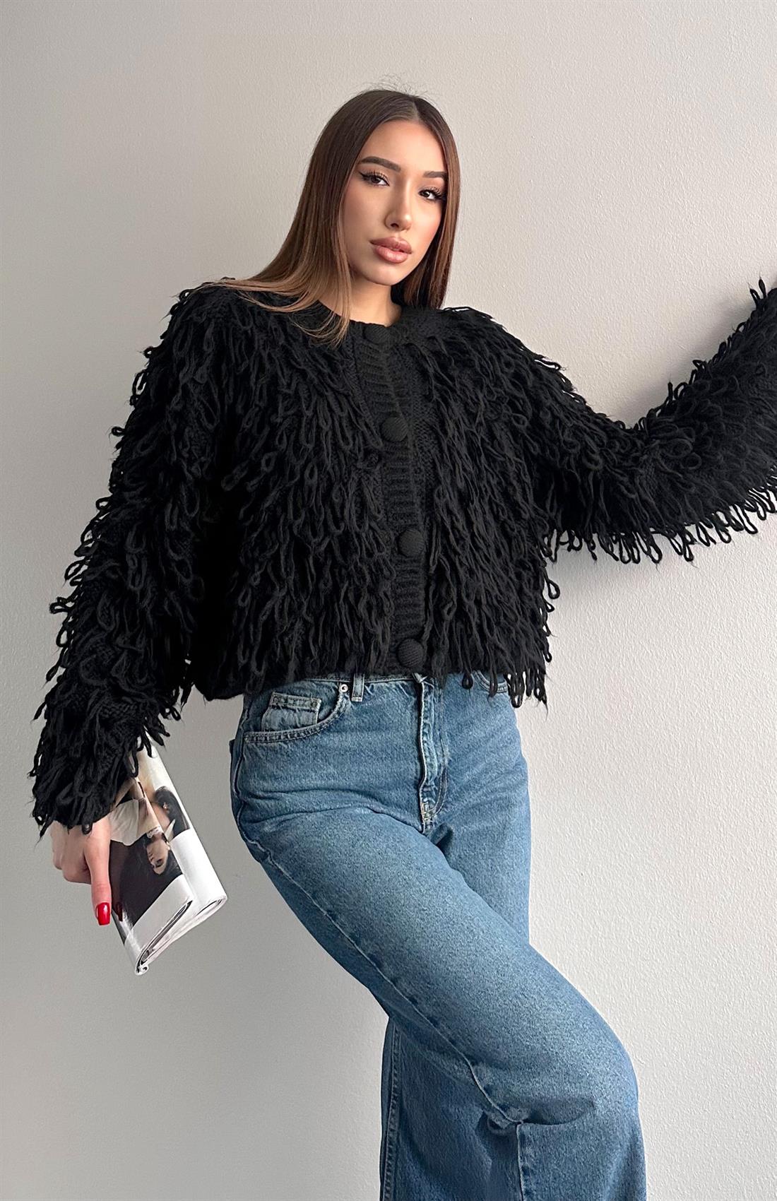 Şaçaklı Triko Top Hırka SİYAH