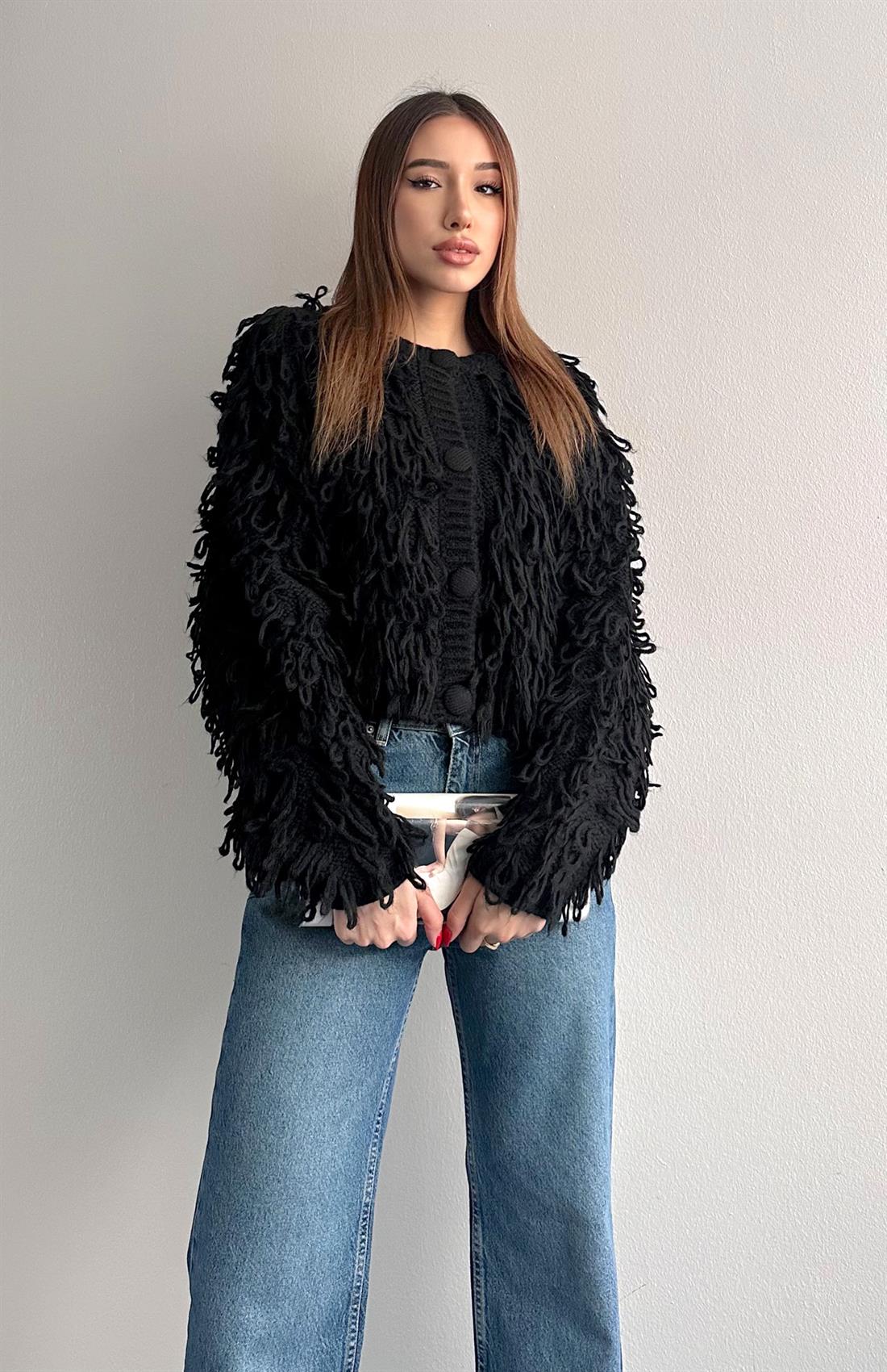 Şaçaklı Triko Top Hırka SİYAH