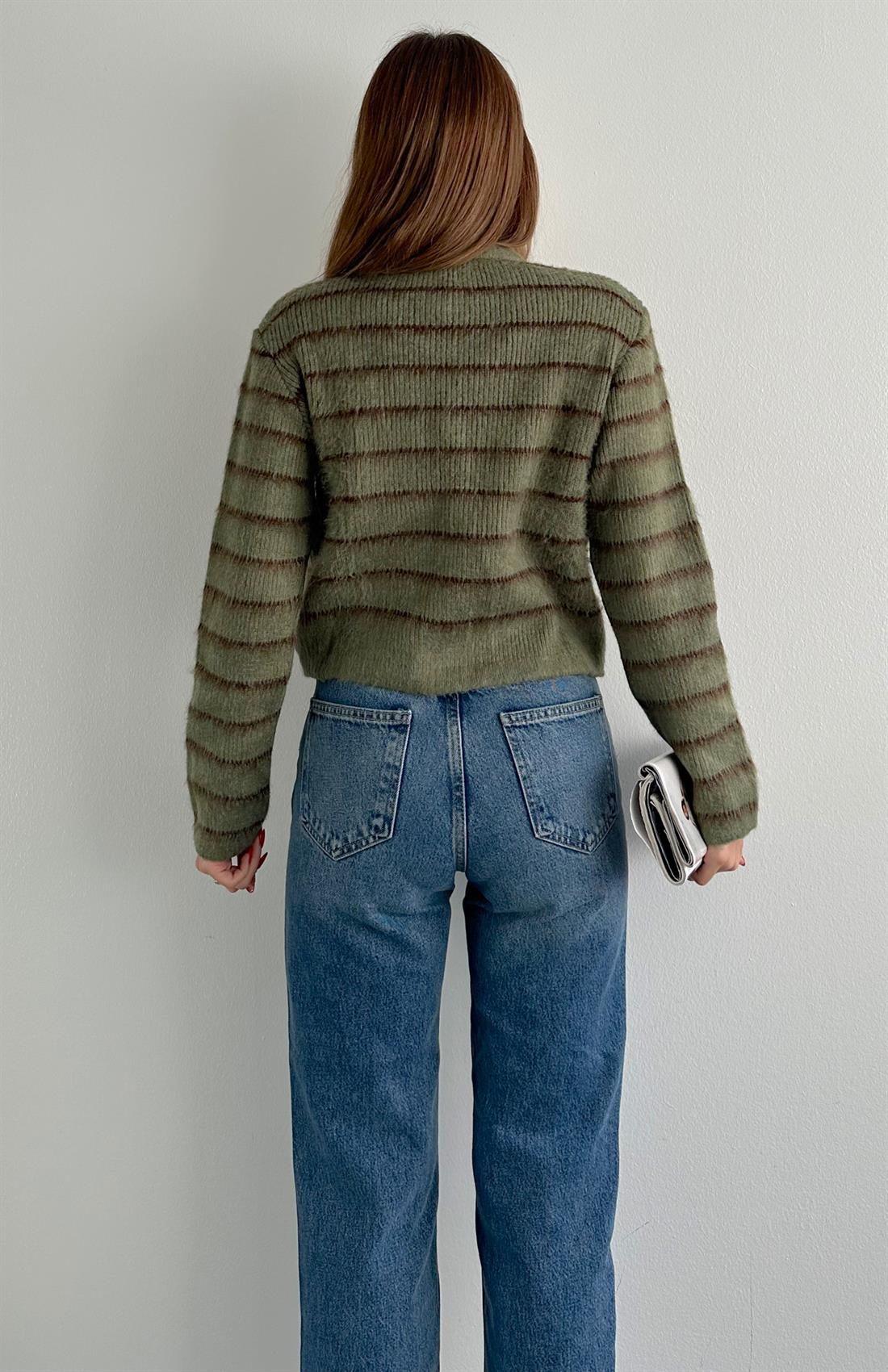 Şardonlu İnce Çizgili Hırka A.YEŞİL