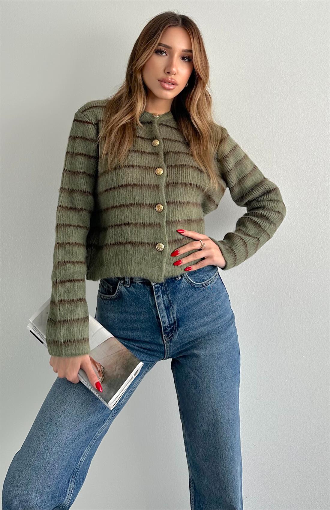 Şardonlu İnce Çizgili Hırka A.YEŞİL