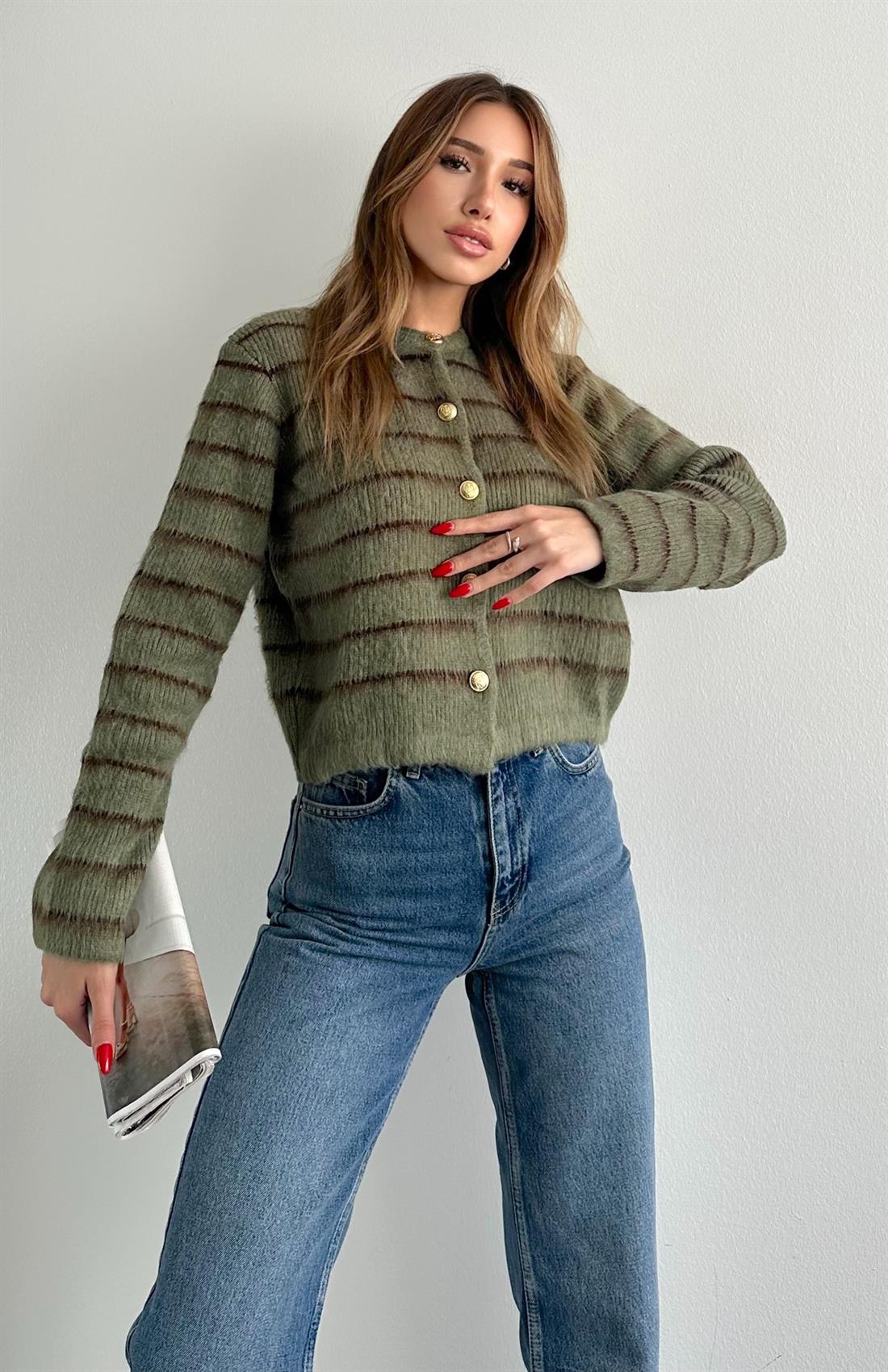 Şardonlu İnce Çizgili Hırka A.YEŞİL