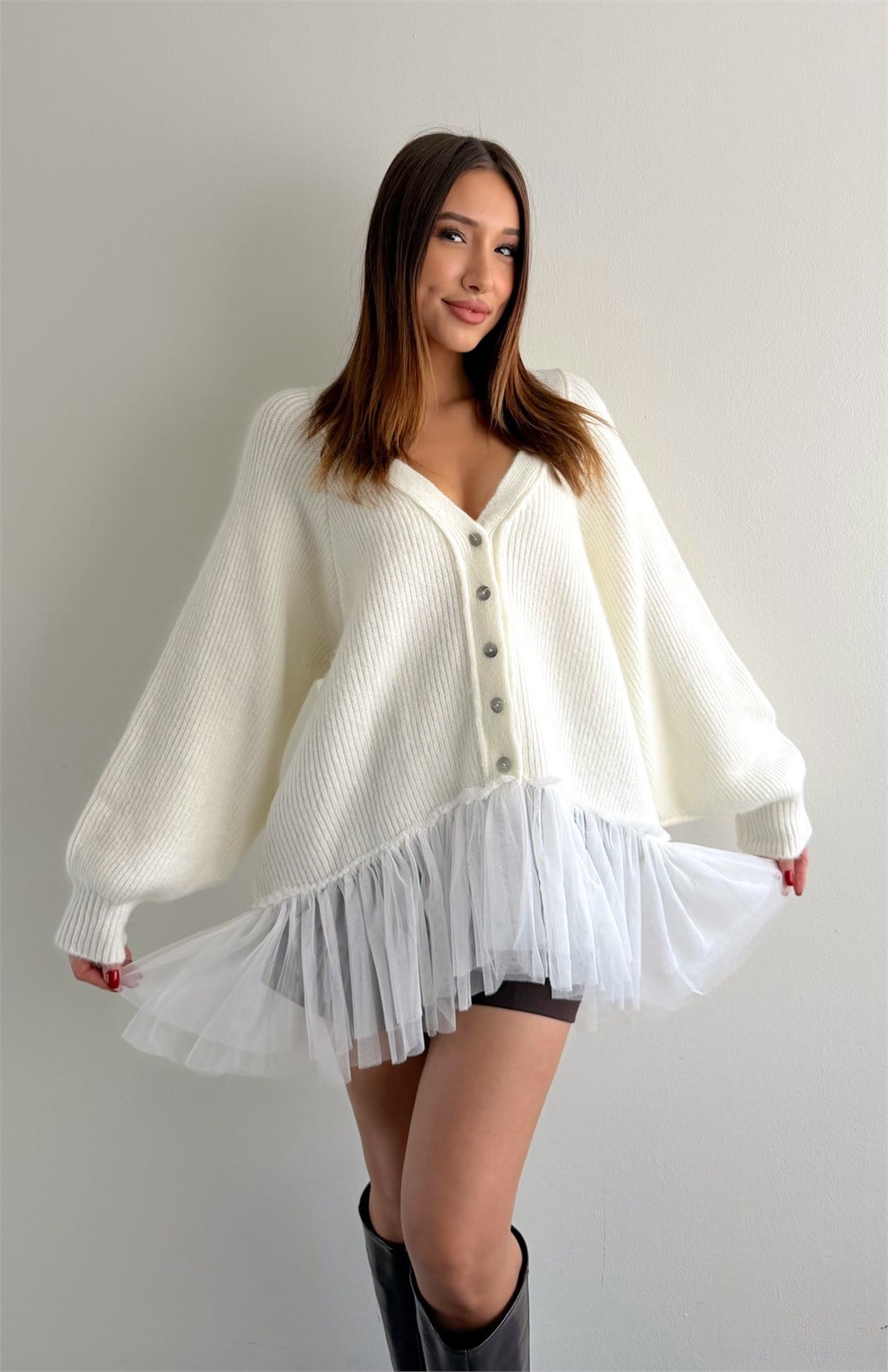 Tül Garnili Oversize Hırka KEMİK