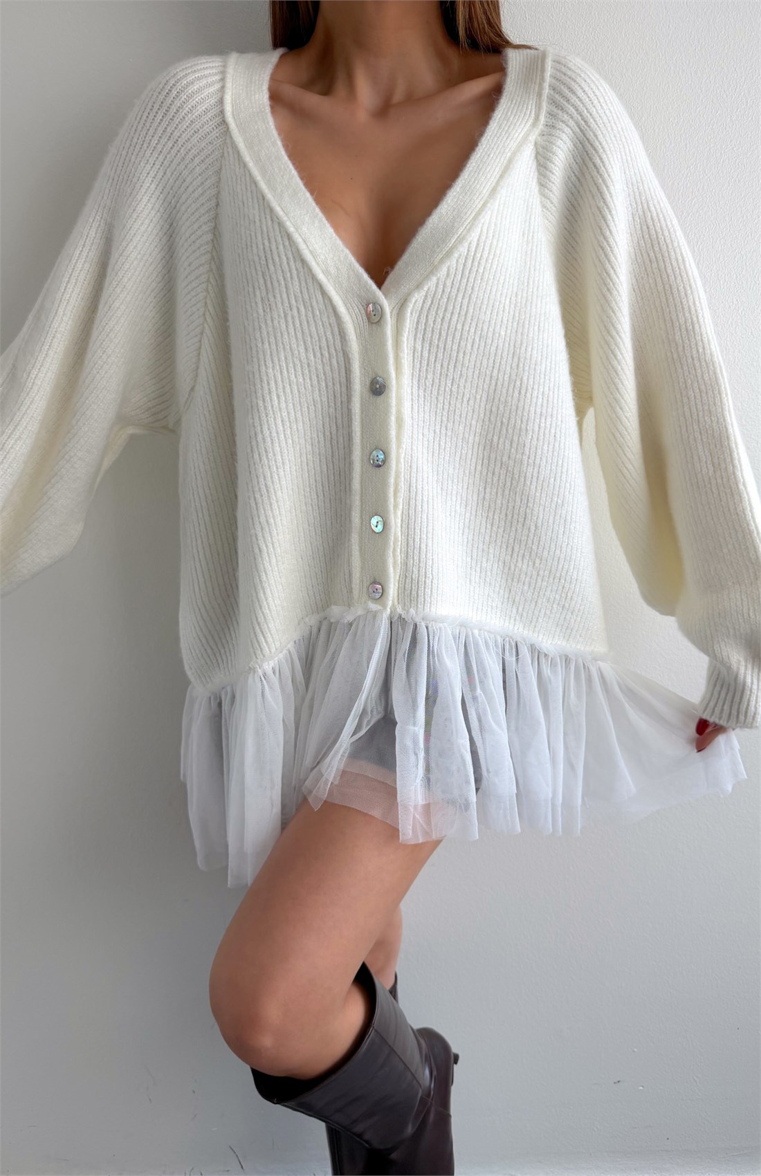 Tül Garnili Oversize Hırka KEMİK