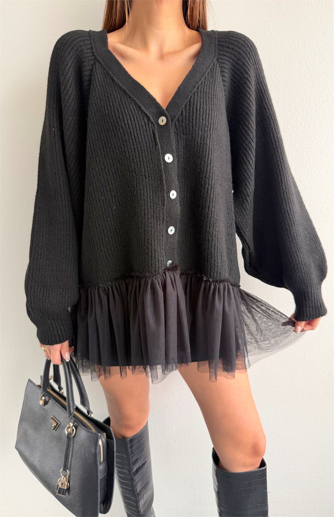 Tül Garnili Oversize Hırka SİYAH