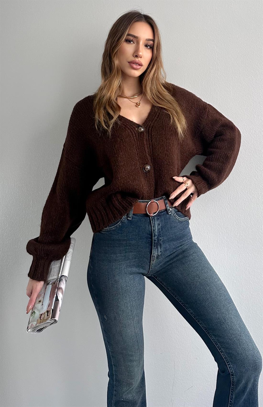 V Yaka Basic Hırka KAHVERENGİ